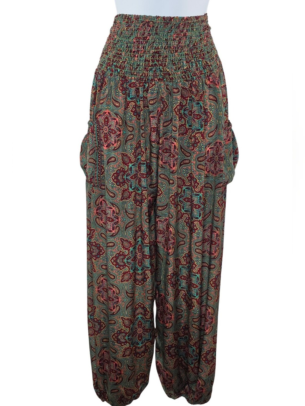 NWT Boho Paisley Smocked-Waist Wide Leg Pants Green Multicolor 4076-